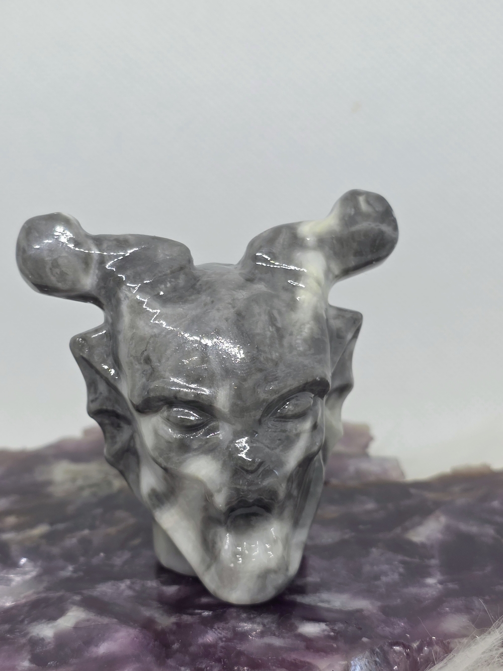 Sea Shell Jasper Devil Head Carving | Gothic Crystal Carving | Fantasy Stone